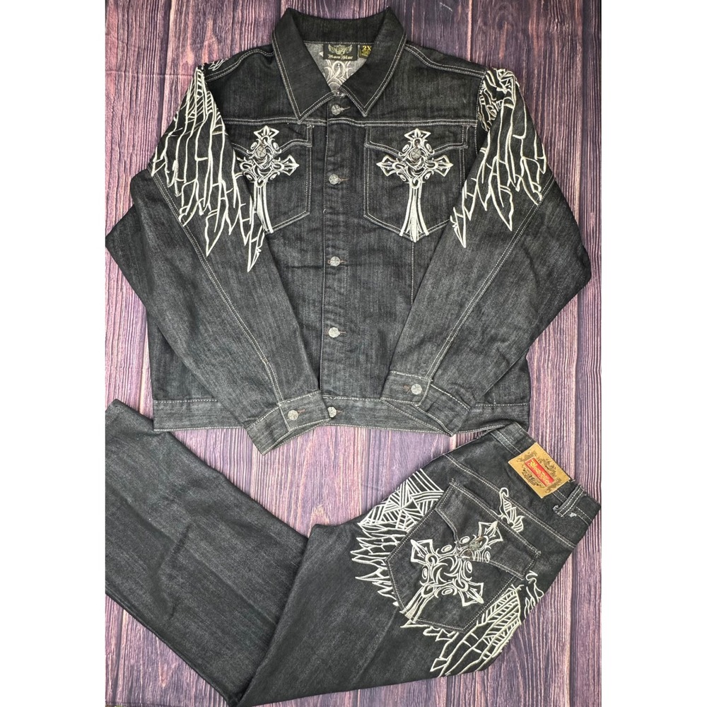 Raw Blue‎ Denim Set 2XL/38x34 Black Gothic Cross Embroidered Y2K Streetwear Suit